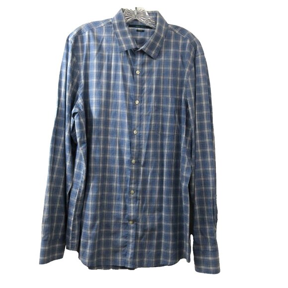 Perry Ellis Slim Fit Shirt Sz Large Button-Up Blue Plaid Long Sleeve 100% Cotton - Picture 1 of 10